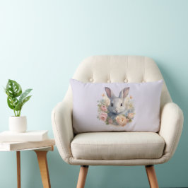 Almofada Lombar Coelho Cercado por Flores Pastel Lindas