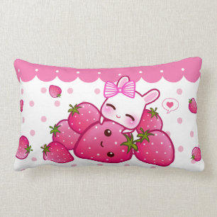 Almofada Lombar Coelho cor-de-rosa bonito com morangos do kawaii