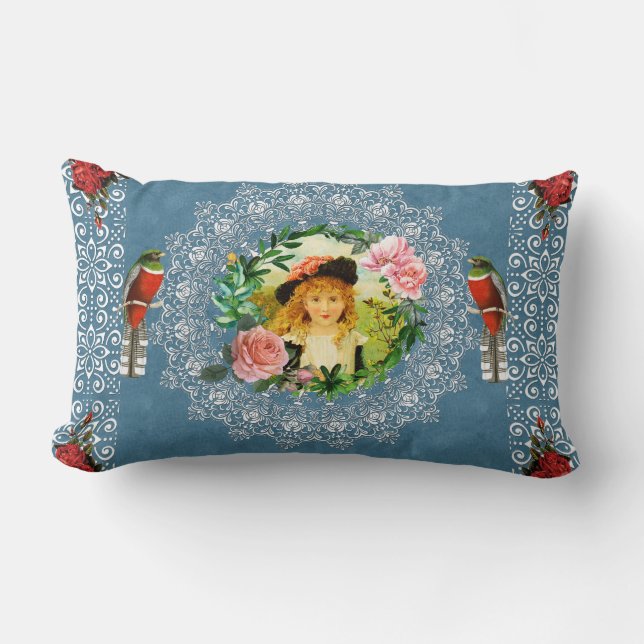 Almofada Lombar Colagem da safra Retro com rendas e flores (Frente)