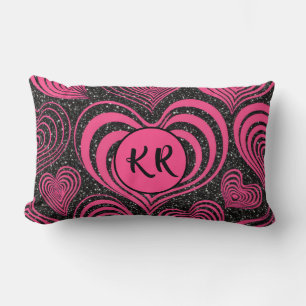 Almofada Lombar Corações Abstratos Glam Rosa Preto Monograma Inici