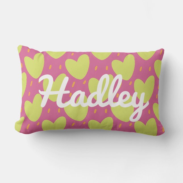 Almofada Lombar Corações Brancos Vibrantes, Nome Rosa e Verde (Frente)