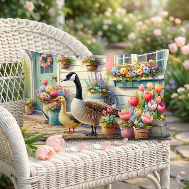 Almofada Lombar Cottage Garden Geese Spring Illustration (Cottage Garden Geese Spring Illustration Lumbar Pillow Mockup A)