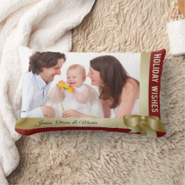Almofada Lombar Custom Name & Photo Holiday Red, Gold Bow