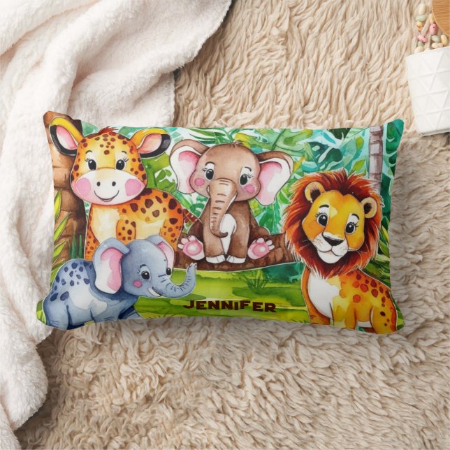 Almofada Lombar Cute Kids Safari Selva Animal Personalizado Nome (Cobertor)