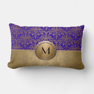 Almofada Lombar Damasco de Monograma Azul Real e Dourado
