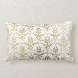 Almofada Lombar Damasco floral chique elegante do ouro branco do