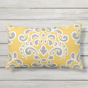 Almofada Lombar Damasco floral de Ikat cinzento e amarelo