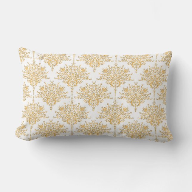 Almofada Lombar Damasco Floral em Dourado e Branco (Frente)