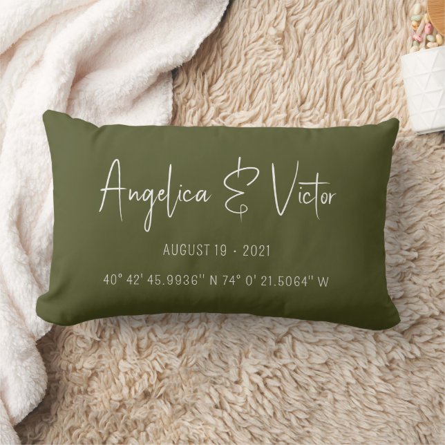Almofada Lombar Data de Casamento Coordenadas Personalizadas Verde (Cobertor)