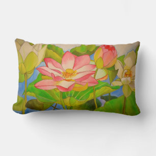 Almofada Lombar De Lotus do rosa pintura da arte da aguarela