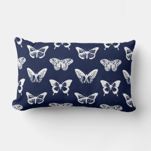 Almofada Lombar Desenho da borboleta, azul-marinho e branco