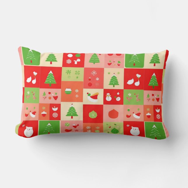 Almofada Lombar Desenho Festivo de Natal com Ícones de Feriado (Frente)