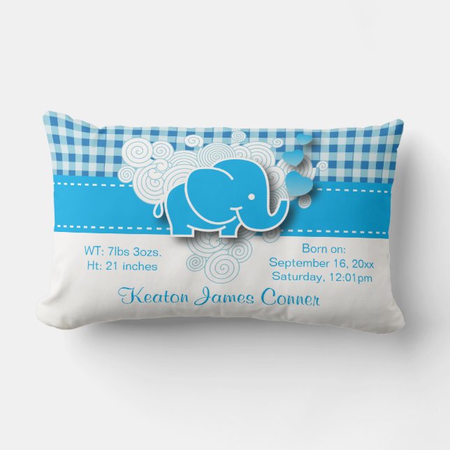 Almofada Lombar Design azul & branco do elefante do bebê da xadrez (Frente)