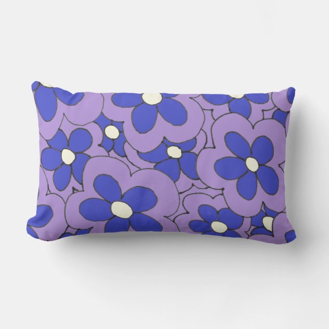 Almofada Lombar Design de Flor Azul e Púrpura Desenhado à Mão (Frente)
