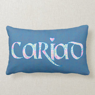 Almofada Lombar Design de texto floral de Galês Cariad em azuis