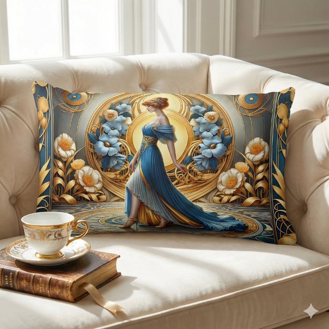 Almofada Lombar Deusa Dourada em Flor Art Nouveau (Golden Goddess in Art Nouveau Bloom Lumbar Pillow Mockup A)