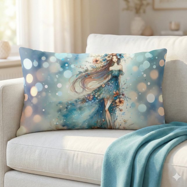 Almofada Lombar Deusa Fantástica Eetérea em Sonho de Água (Ethereal Fantasy Goddess in a Watercolor Dream Lumbar Pillow Mockup A)