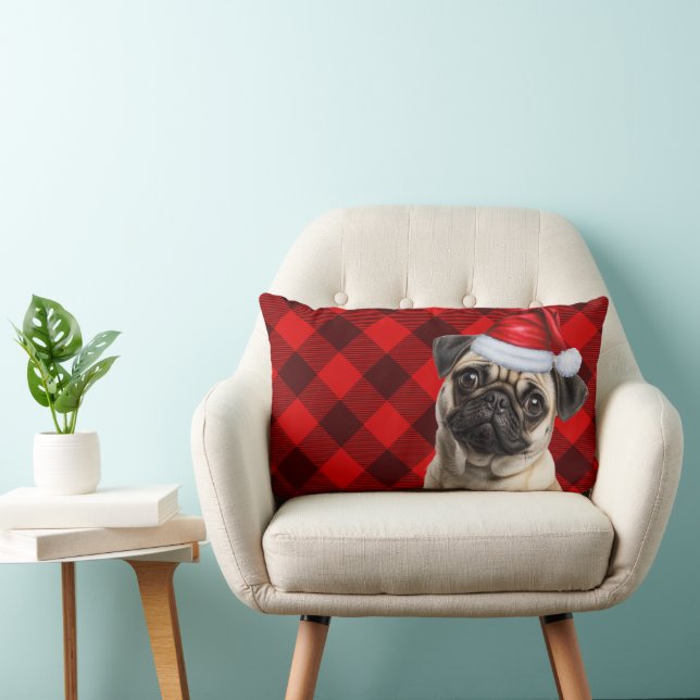 Almofada Lombar Dog Lover Christmas Pug Red Buffalo Holiday Plaid (Cadeira)