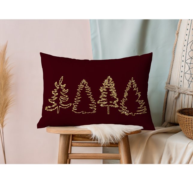Almofada Lombar Dourada Glitter Pine Trees, Borgonha (Gold Pine Trees I Burgundy Lumbar Pillow)