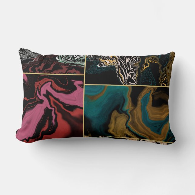 Almofada Lombar Dourado Chic Teal & Rosa Tinta Líquida em Mármore  (Frente)