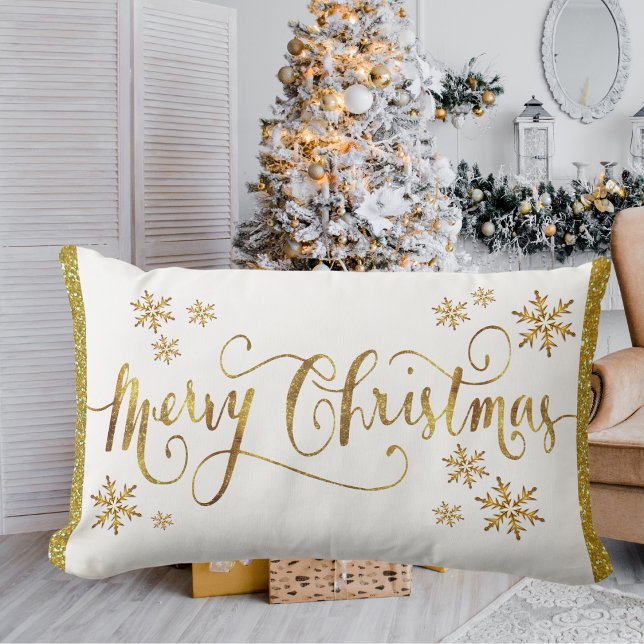 Almofada Lombar Dourado festivo, branco, feliz Natal (Festive Gold, White, Merry Christmas Lumbar Pillow)