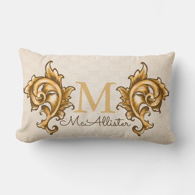 Almofada Lombar Dourados Laurels Faux Woven Beige Impressão - Nome (Frente)