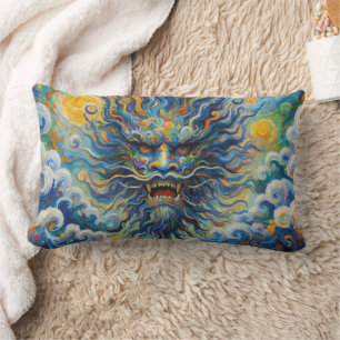 Almofada Lombar Dragão azul oriental nuvens Van Gogh mashup