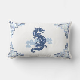 Almofada Lombar Dragão de Chinoiserie Azul e Nuvens
