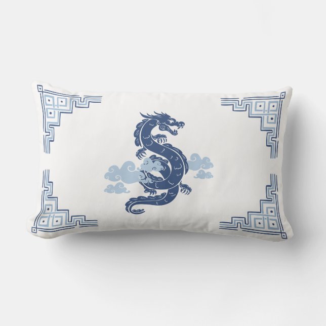 Almofada Lombar Dragão de Chinoiserie Azul e Nuvens (Frente)