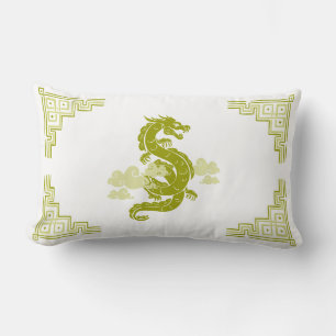 Almofada Lombar Dragão e Nuvens de Limão Verde Chinoiserie