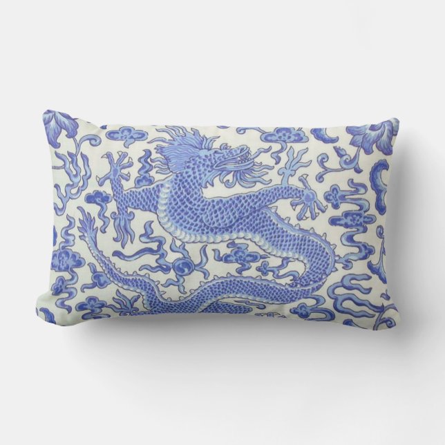 Almofada Lombar Dragão oriental chinês azul e branco (Frente)