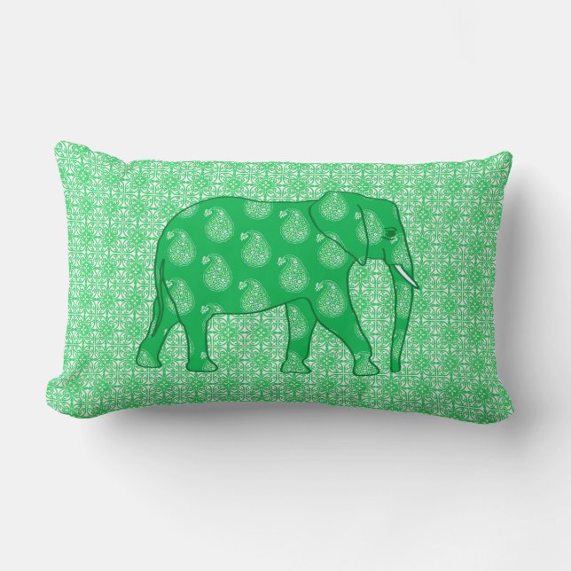 Almofada Lombar Elefante Paisley - verde-jade e branco (Frente)