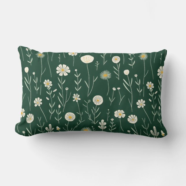 Almofada Lombar Elegant Wildflower Pattern on Dark Green  (Frente)