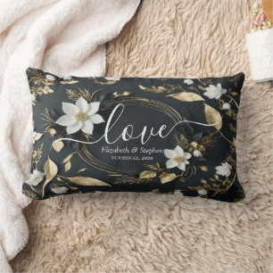Almofada Lombar Elegante Coroa Floral Preta, Branca e Dourada Casa