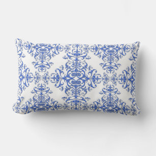 Almofada Lombar Elegante estilo damasco floral em azul cobalto e b