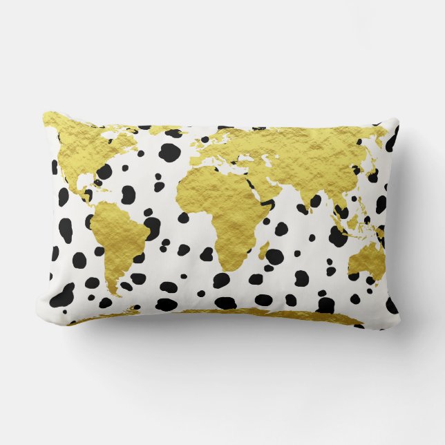 Almofada Lombar Elegante Faux Dourado Mapa do Mundo Dalmaciano Imp (Frente)
