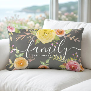Almofada Lombar Escrito de aquarela floral amarelo-monograma famil