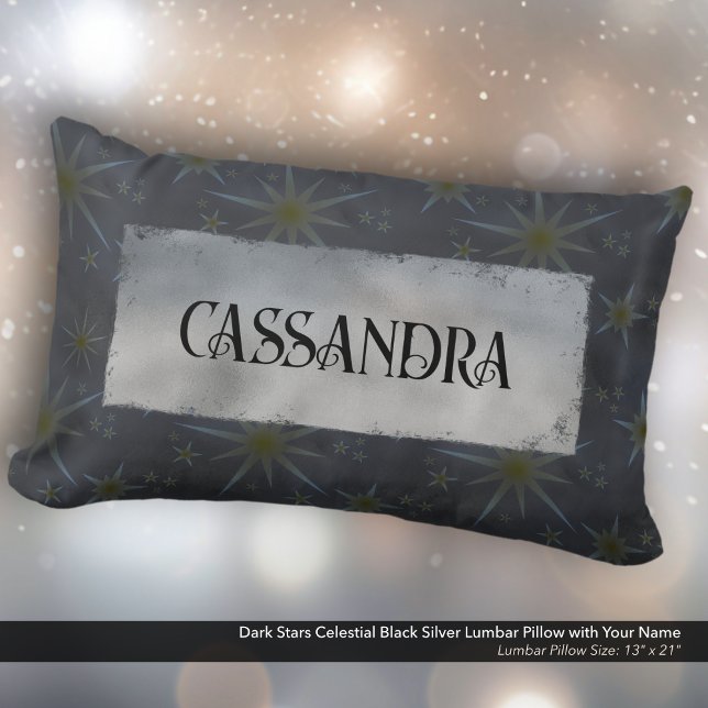Almofada Lombar Escuros Negras Celestiais Nome Prata Preto Celesti (Dark Stars Celestial Black and Silver Lumbar Pillow Personalized with Your Name.)