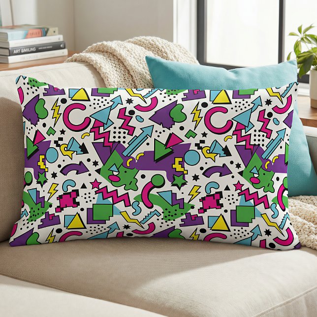 Almofada Lombar Estilo Memphis Verde Turquesa Roxo Retro dos Anos  (Criador carregado)