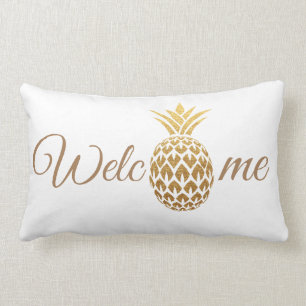 Almofada Lombar Estiloso Abacaxi Dourado Moderno Branco Bem-vindo
