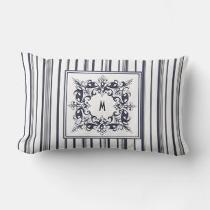 Almofada Lombar Etiqueta de Vintagem de Stripe Azul marinho e Mono