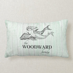 Almofada Lombar Família Costeira Nome Aqua Wood Mermaid Dolphin