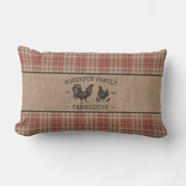 Almofada Lombar Família Nome Farmhouse Burlap Vintage Red Xadrez