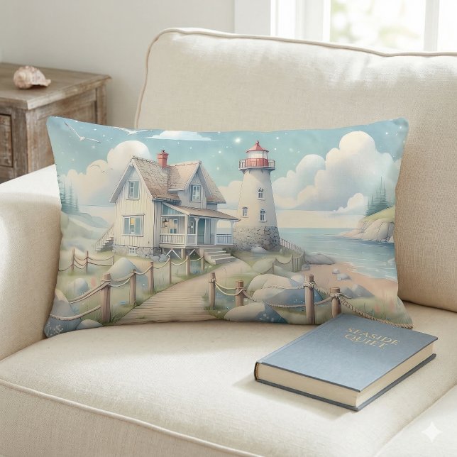 Almofada Lombar Farol Pastel Sonhador à Beira-Mar (Dreamy Pastel Lighthouse by the Sea Lumbar Pillow On Sofa)