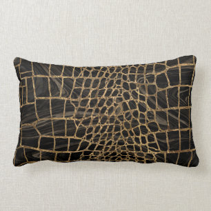 Almofada Lombar Faux Crocodilo Negro Mármore líquido e ouro