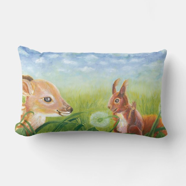 Almofada Lombar Fawn deitado na grama e Esquilo (Frente)