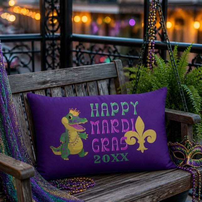 Almofada Lombar Feliz Rei Jacaré de Mardi Gras (Criador carregado)