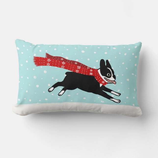 Almofada Lombar Férias de Inverno Boston Terrier Vestindo Cachecol (Frente)