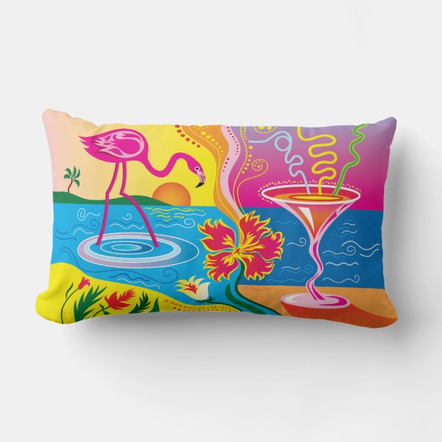 Almofada Lombar Flamingo Rosa e Coquetel de Verão (Frente)