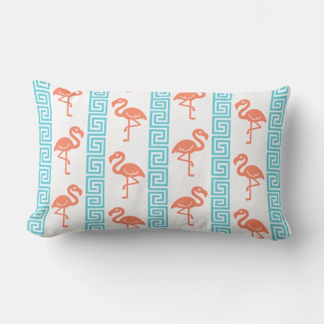 Almofada Lombar Flamingo Tropical - Coral Chave Grega & Turquesa (Frente)
